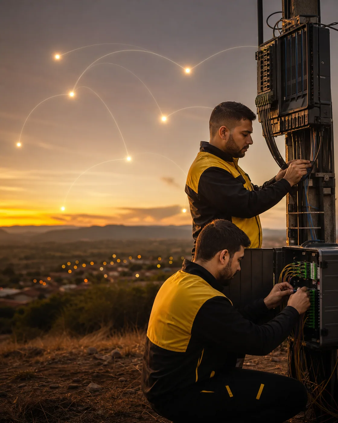 Equipe técnica levando conexão de fibra para o Cariri